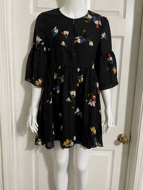 Joie Black Floral Mini 100% silk Dress with Multicolor Blooms size XS